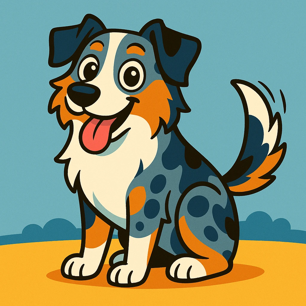 Aussie Shepherd dog, cartoon style, playful, big eyes, wagging tail, simple background emoji