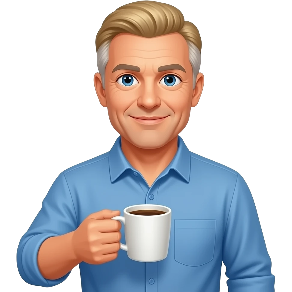 WHITE MAN IN HIS 50S with no facial hair blond salt and pepper hair -less chizled jaw-  WEARING A BLUE BUTTON UP HOLDING A CUP OF COFFEE emoji