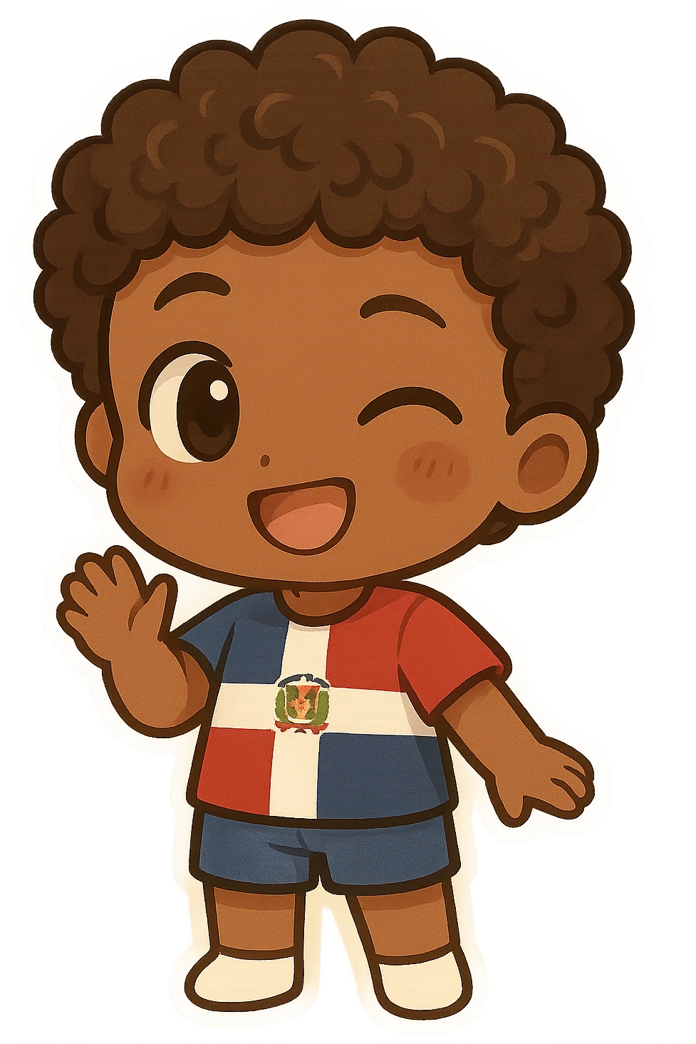 chibi emoji of a Dominican character with curly hair and brown skin, winking emoji