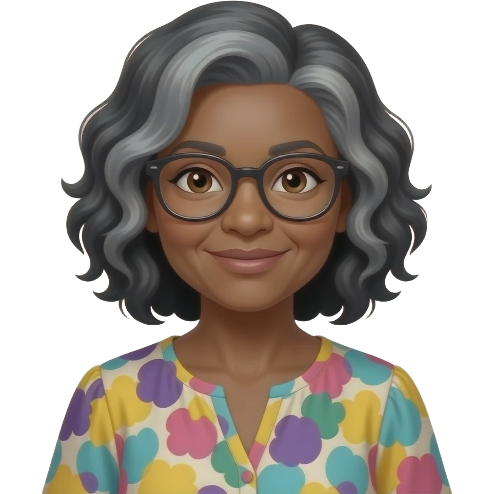 female, early 60s, round face, african decent, colourful blowse top, grey and black wavy hair, no glasses emoji
