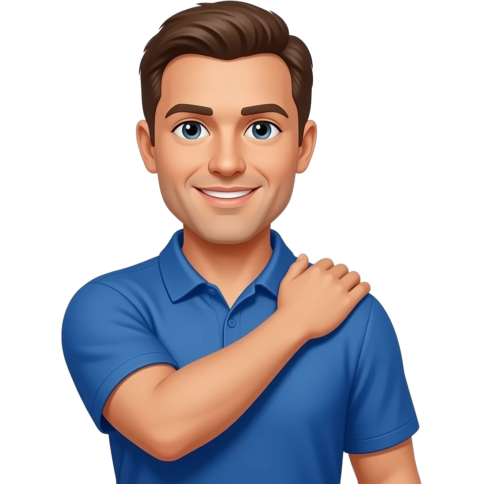 football coach in a blue shirt touching the top of his shoulder with the same side arm emoji