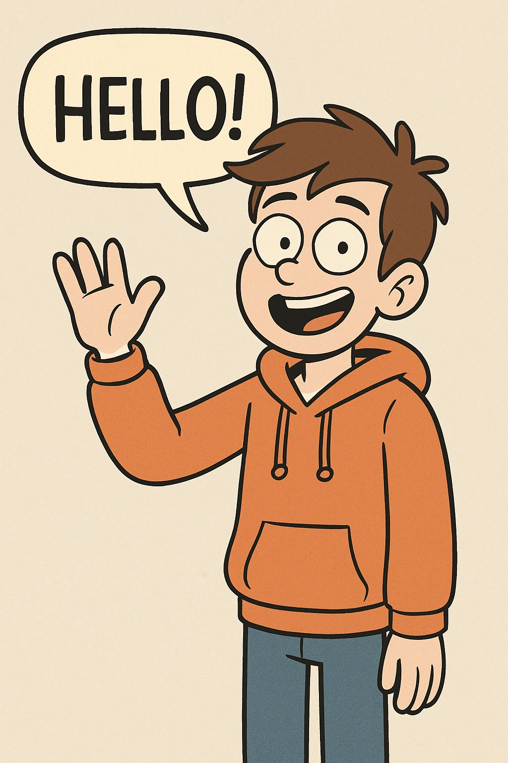 A boy brown hair how did say hello Orange hoodie blue jeans  emoji