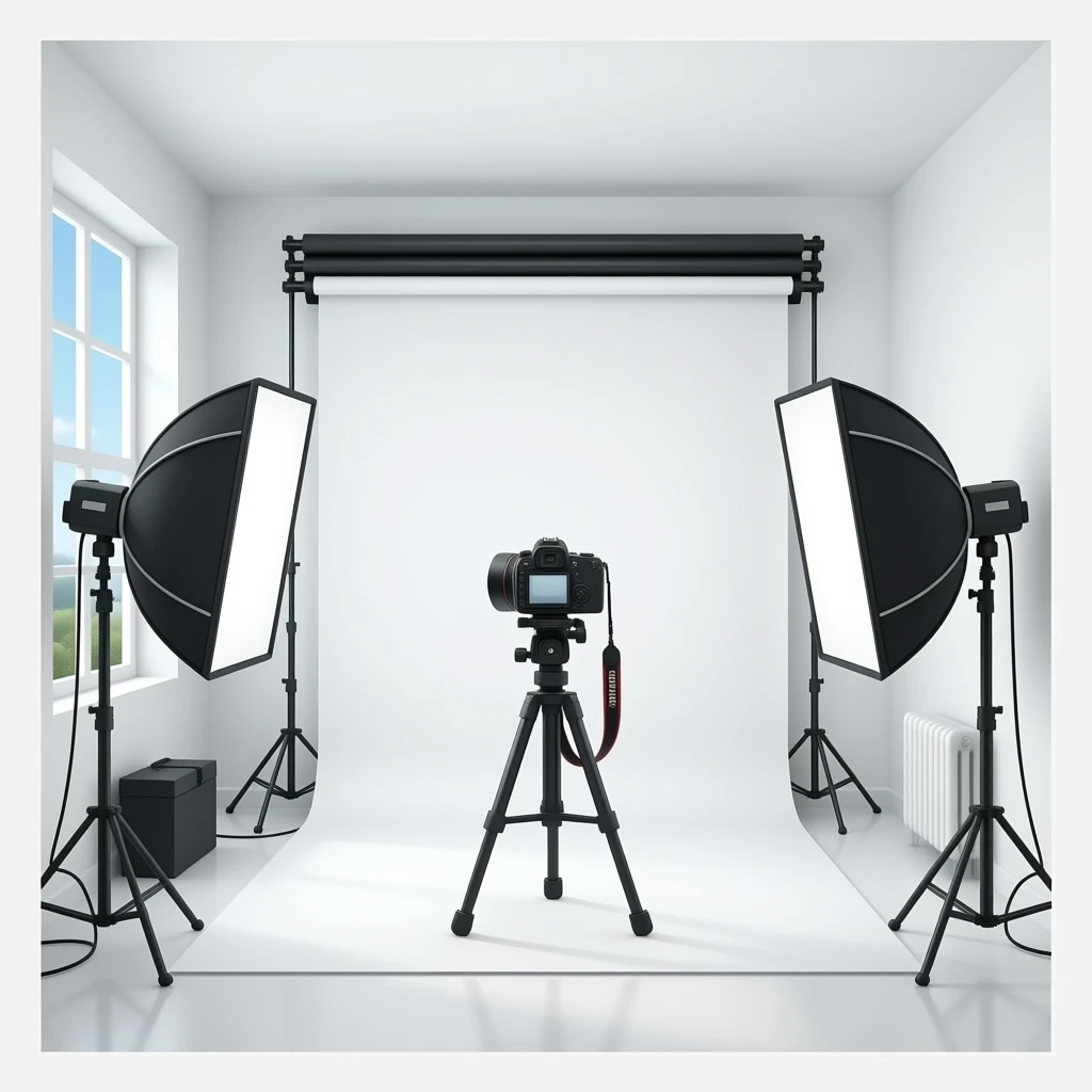 indoor white photography studio with camera equipment, with the windows closed emoji