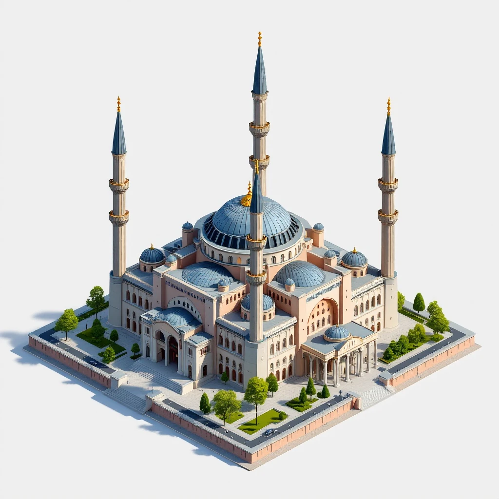 Isometric illustration of Istanbul, featuring real photorealistic Hagia Sophia with ts large central dome and four tall minarets, with real transparent background emoji