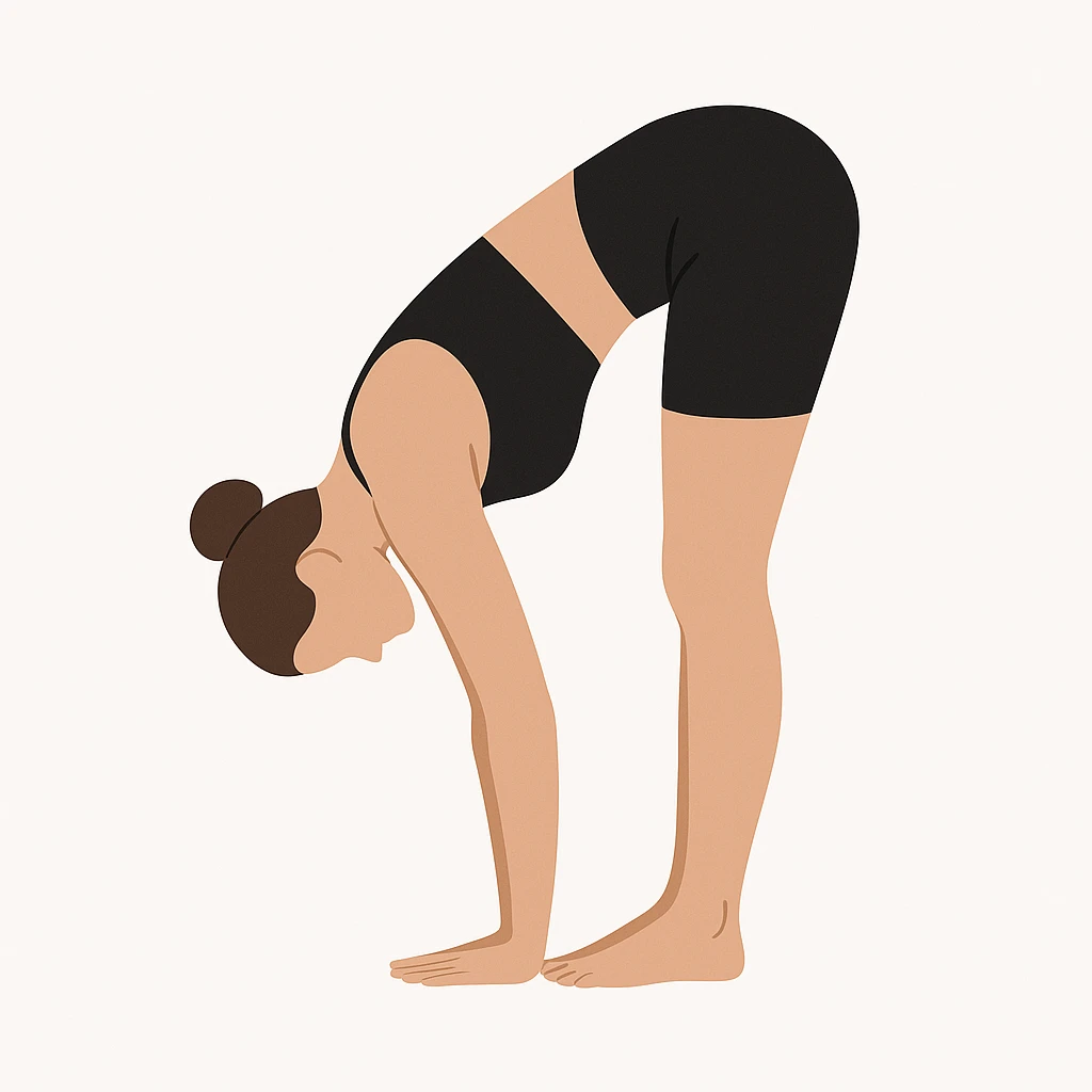 Minimalist flat vector illustration of a woman doing yoga in forward fold pose (Uttanasana), wearing sportswear (black top and black shorts), brown hair in a bun, clean white background, no face details, elegant style emoji