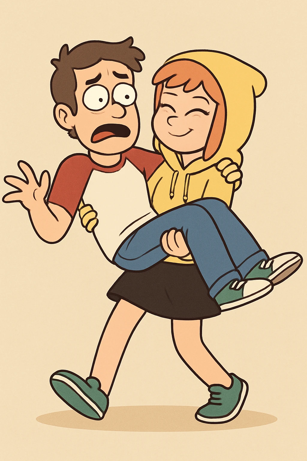 A man Raglan sleeves with Red t-shirts blue jeans white shoes carried by a cute a girl yellow hoodie black skirt green shoe  emoji