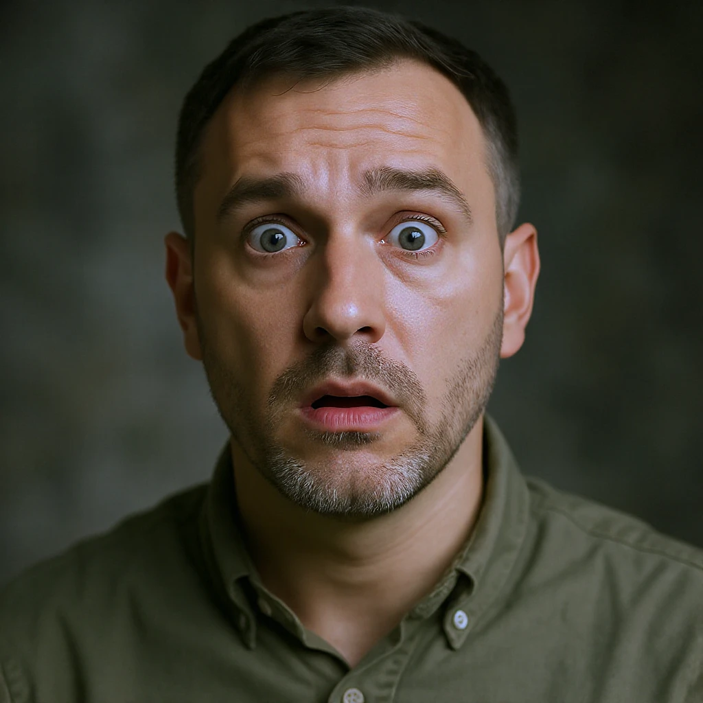 ultra-realistic portrait of Volodymyr Zelensky, President of Ukraine, expression of fear and shock, short dark hair, trimmed beard, olive green shirt, full head and shoulders visible, centered, strong likeness to Zelensky emoji