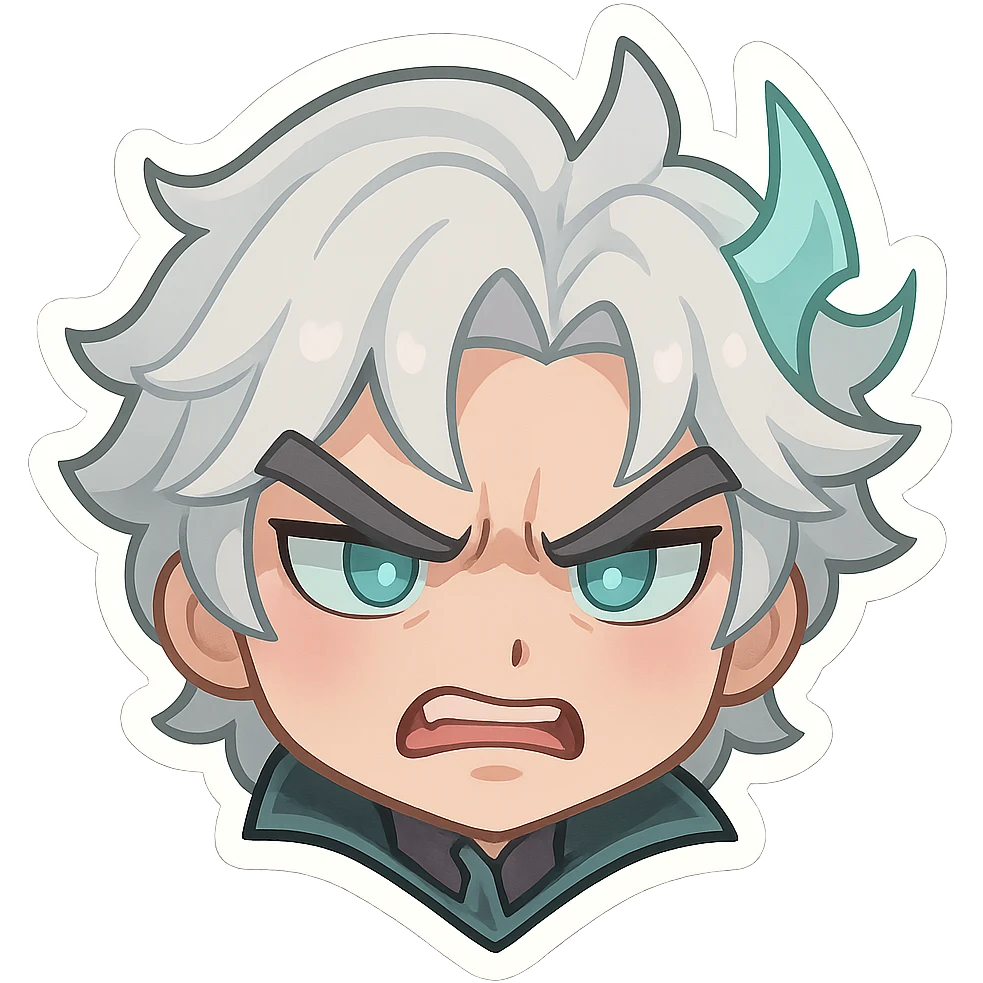 Viego from League of Legends, chibi style emote, only head, angry expression, furrowed brows emoji