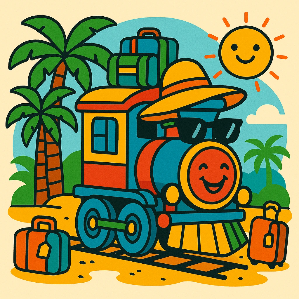 a train on vacation, cartoon style with bright colors, vibrant toon, cheerful and colorful emoji