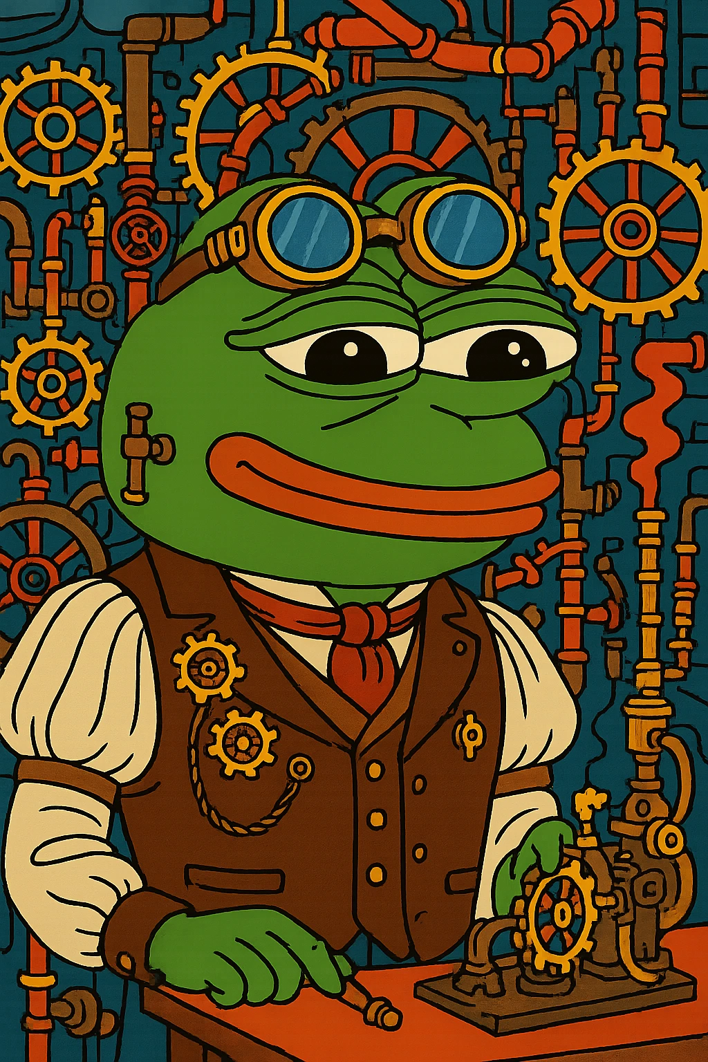 Pepe the Frog as a steampunk inventor wearing goggles, gears, and Victorian outfit, remove background, keep transparent background. emoji