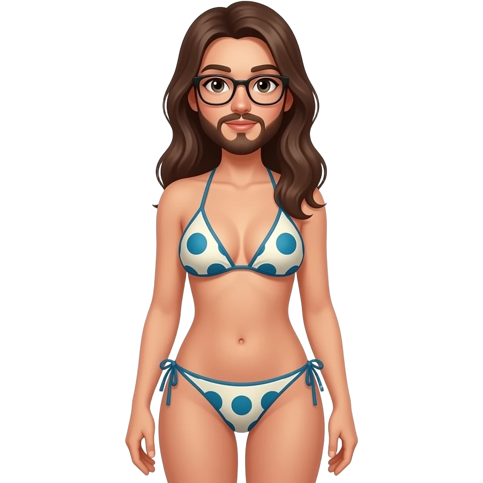 Full body of a highly attractive woman in a bikini but has a crusty man face with a beard and glasses emoji