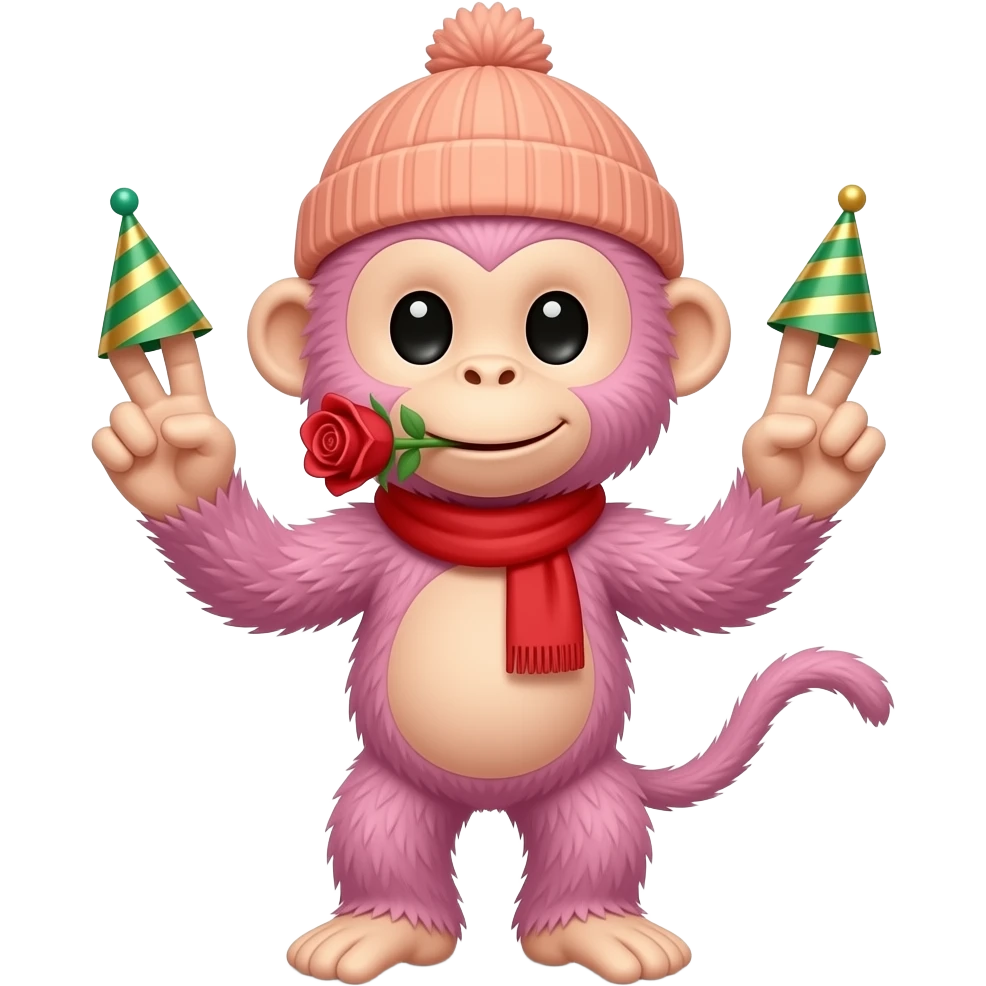 a light pink monkey with no legs wearing a red scarf, peachy colored beanie, mini green and gold striped party hats on the tips of its 3 fingers on each hand, and a rose is its mouth emoji