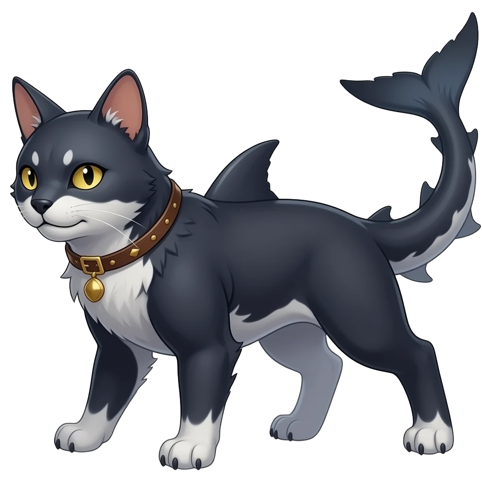 4-legged digitigrade dark badass edgy earless landhai-Latias-Latios-carvanha-sharpedo-sergal-houndoom-Manectric-hybrid-fusion-creature, with a long shark tail behind, full body emoji