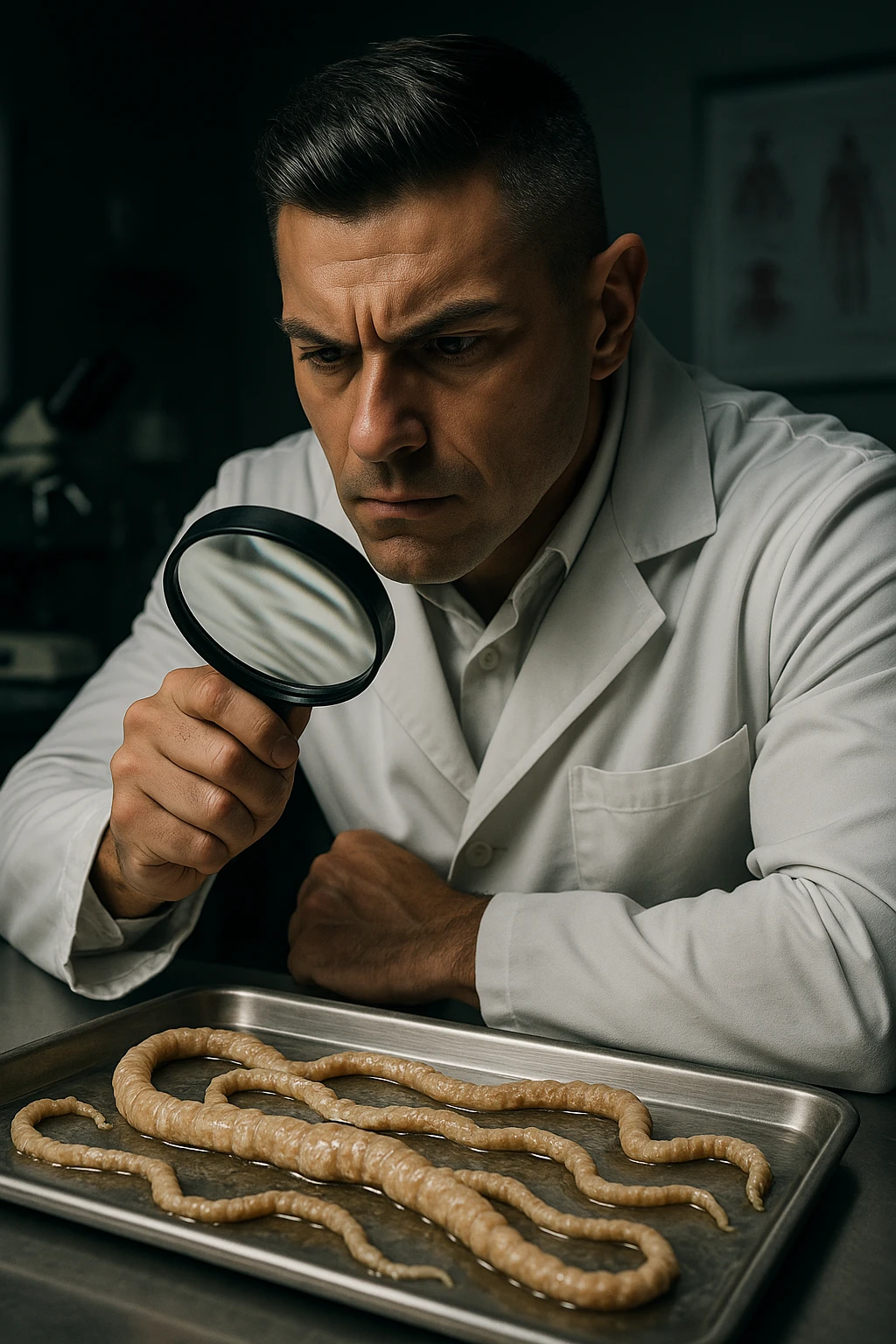 A middle-aged male kinesiologist wearing a pristine white lab coat, intensely analyzing long, beige tapeworms (like Taenia) under a magnifying glass. His expression is focused and slightly concerned, with dramatic studio lighting casting sharp shadows. The parasites are highly detailed, moist, and textured, stretched across a sterile metal tray. The background is blurred but suggests a clinical environment—hints of a microscope, medical charts, and clean lab equipment. The style is hyper-realistic, with a cinematic contrast between the bright white coat and the grotesque, organic forms of the parasites. No sci-fi elements, just raw medical realism with a disturbing edge emoji