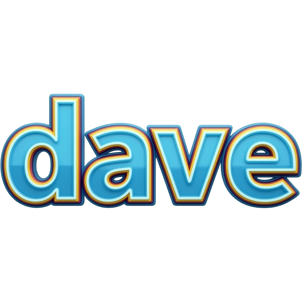 name "dave" in neon blue, 3D style typography lettering, each color of the rainbow as a border outlined around each letter, isolated, 3d rendering, no emoji icons no emoji faces and must have no human figures emoji