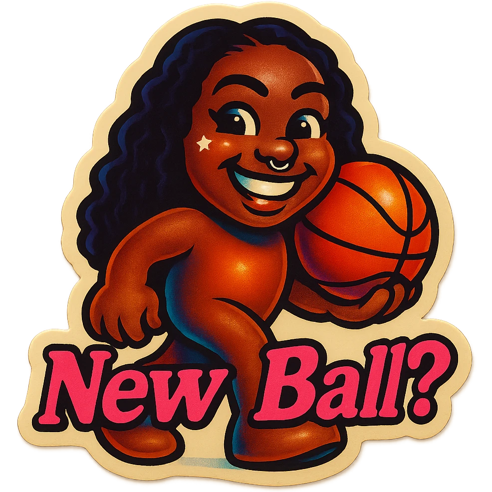 Grin holding a Basketball
add the words New Ball? in pink emoji