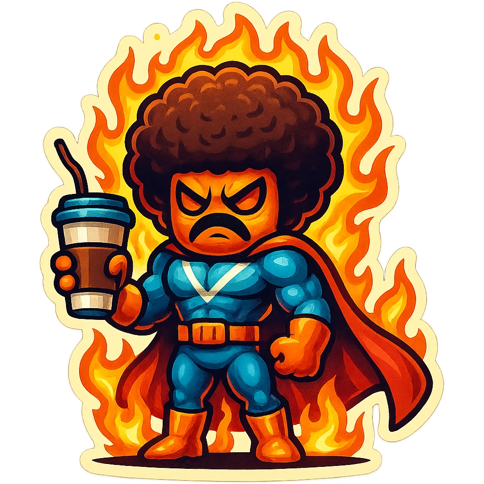 coffee creature, superhero, angry and on fire emoji