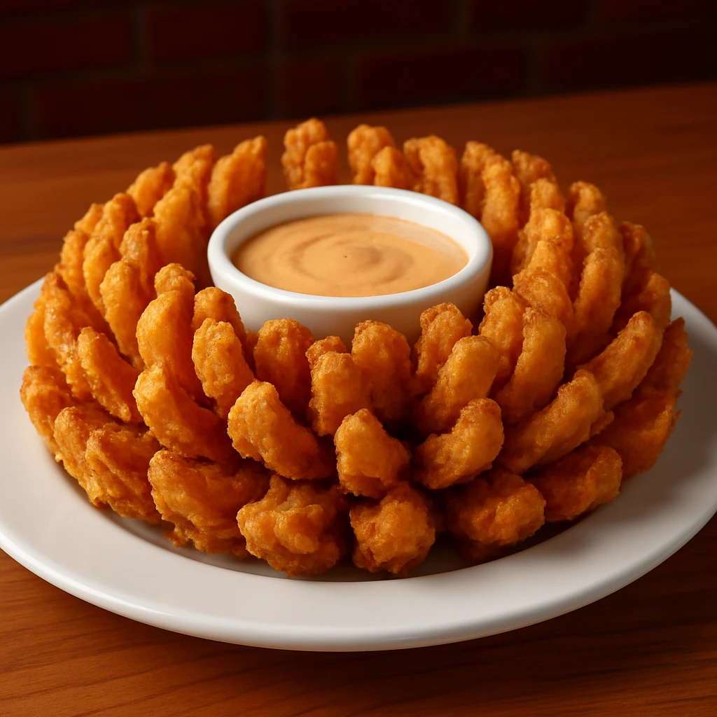 an awesome blossom dish from Chili's menu, a golden-brown, deep-fried blooming onion with a side of dipping sauce, appetizing and crispy, restaurant-style presentation emoji