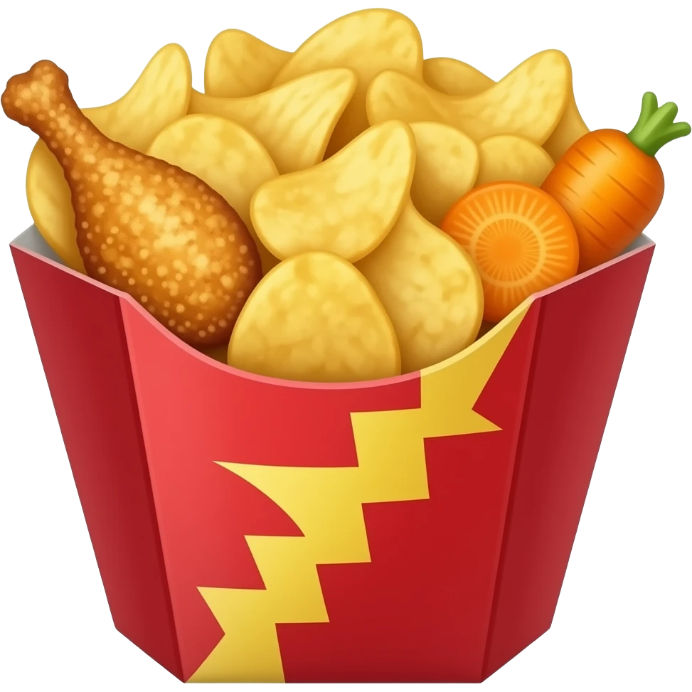 papas fritas en una caja roja con pedacitos de pollo frito, y zanahoria cortadas redondas, todo dentro de las papas. SIN LOGOS emoji