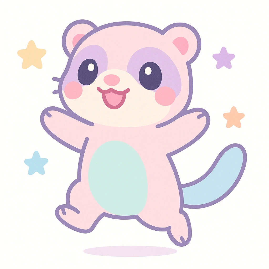 kawaii cartoon baby ferret, jumping with joy, big smile, pastel colors, simple background emoji