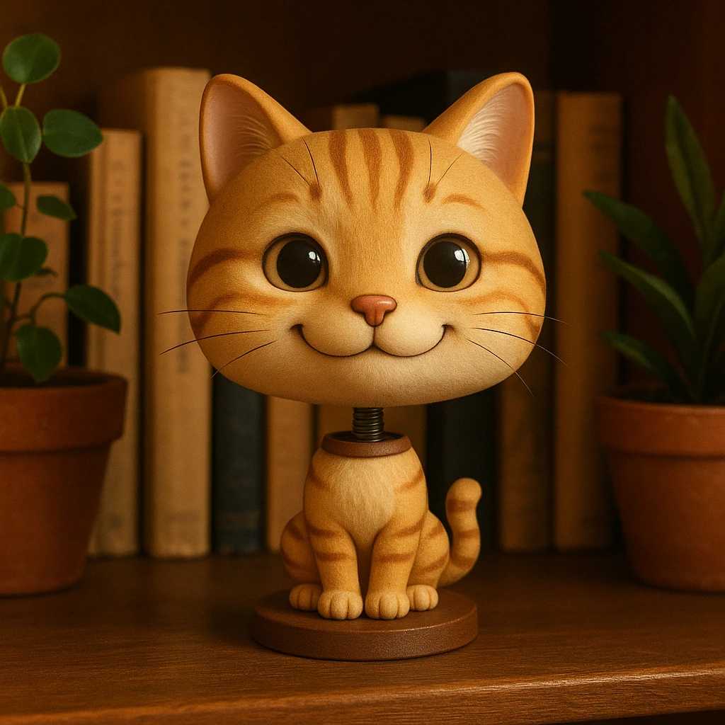 a smiling cat bobblehead with a big head and tiny body emoji