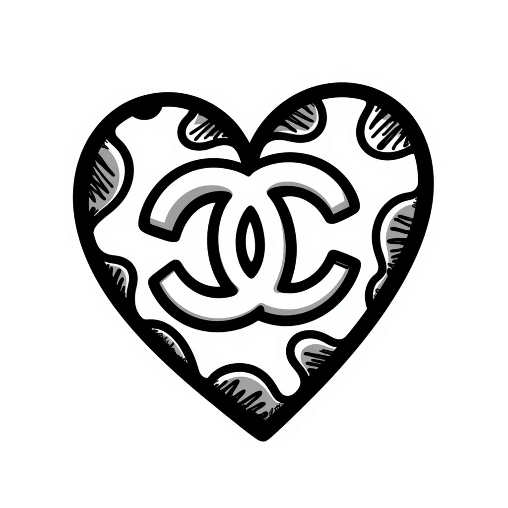 Chanel heart with interlocking C's, chaotic doodle style, expressive, black and white emoji