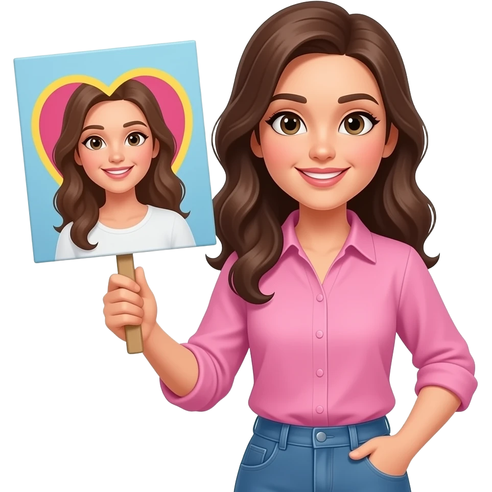 Mujer morena con blusa rosada y un cartel que tenga un corazon emoji