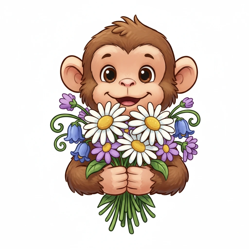 monkey with flowers, front view,  Frontal Top-Down Soft Light, white background, portrait, casual cartoon stylized game mobile emoji