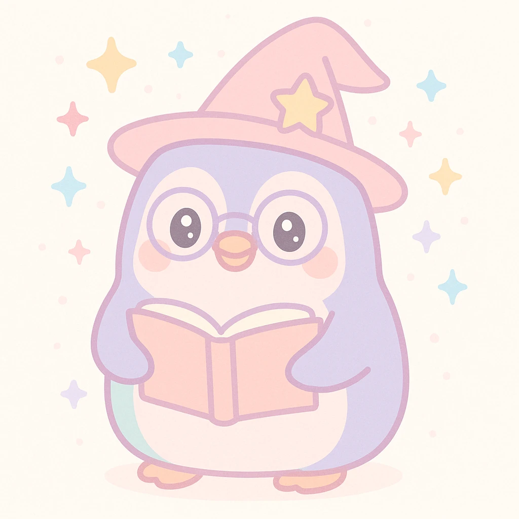 a chubby penguin wizard with glasses, holding an open spellbook, magical aura around emoji