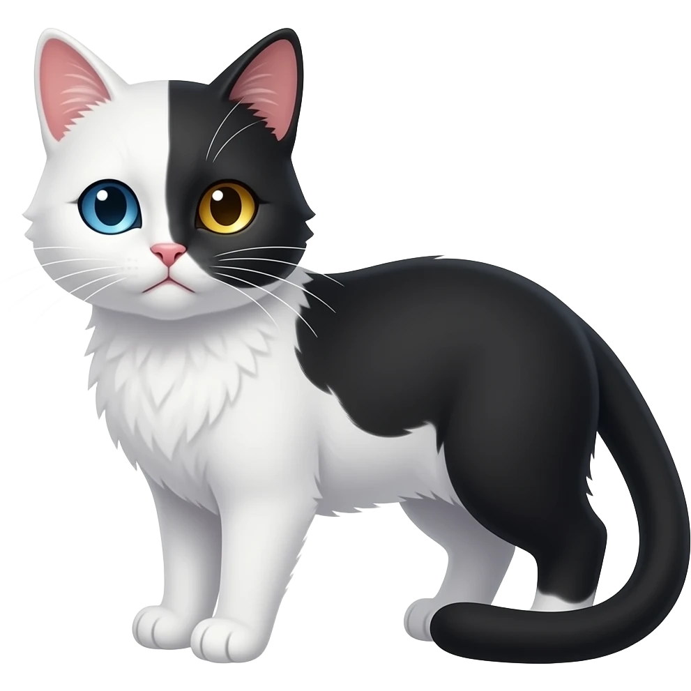 Chimera cat; one sad is white with blue eye, the other side is black with golden eye emoji