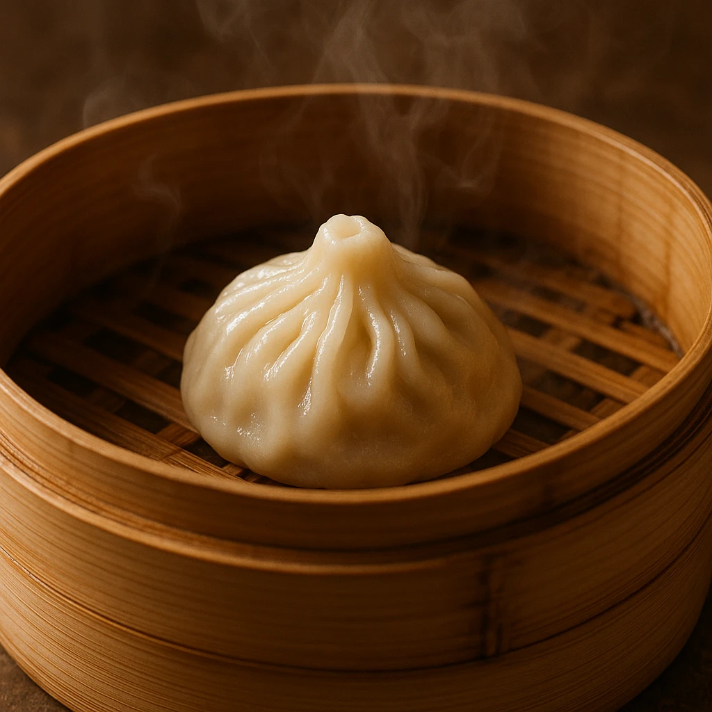 a realistic dumpling being cooked in a bamboo steamer, detailed, photorealistic emoji