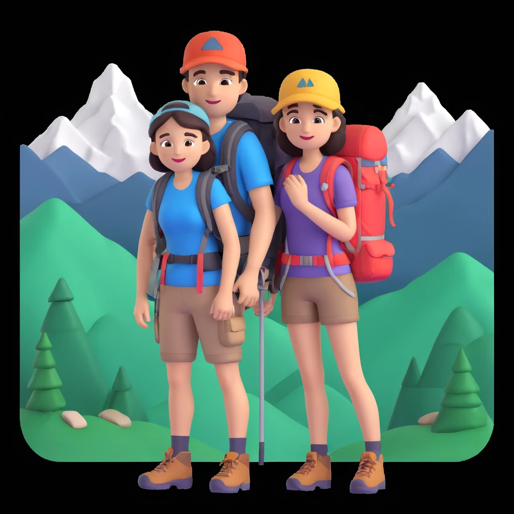back packer couple posing, mountains in background,   close up pose emoji
