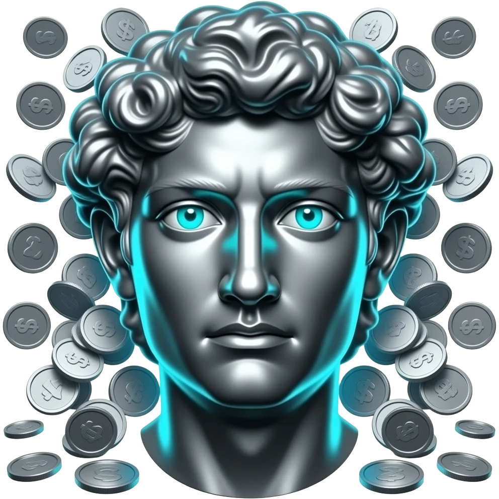 A polished chrome stoic Greek statue head  glowing cyan (#00D4B1) eyes, dark background. Metallic reflections with subtle cyan light accents. with money coins falling in the background emoji