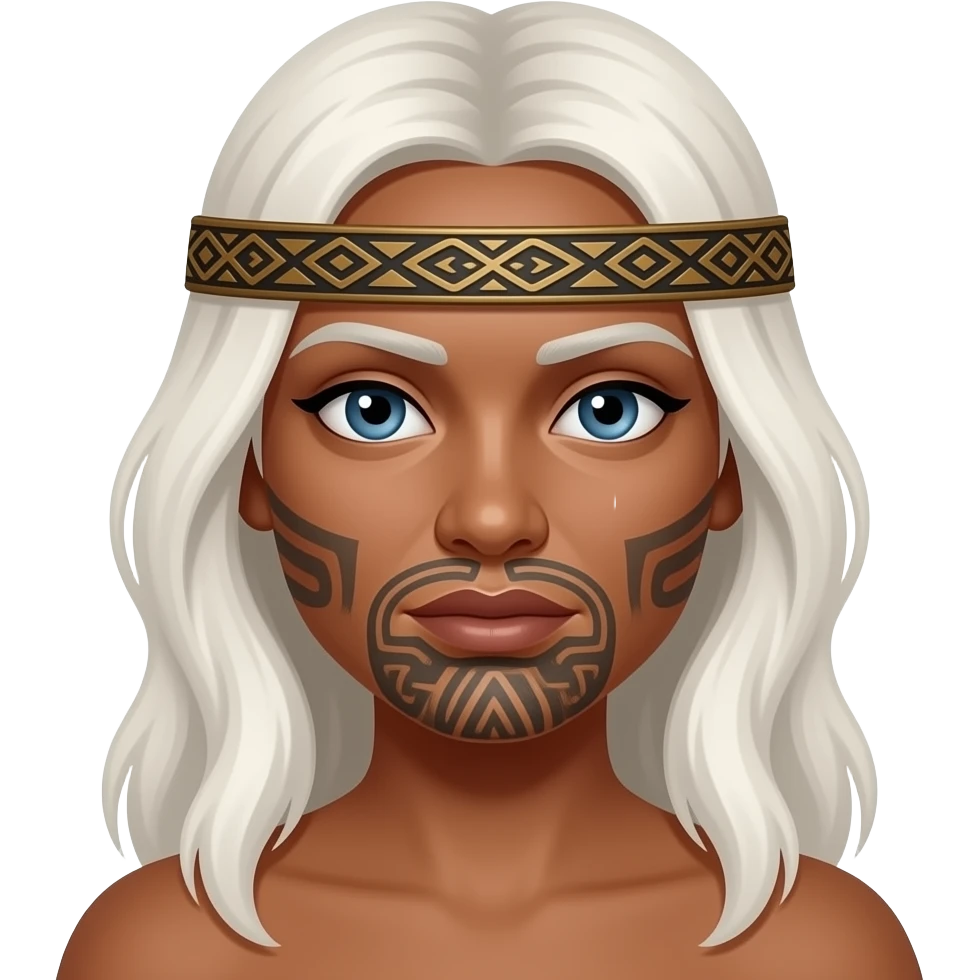 Maori warrior female with tribal moko Kauwae on chin only dark skinned Taniko headband long white blonde hair and blue eyes emoji