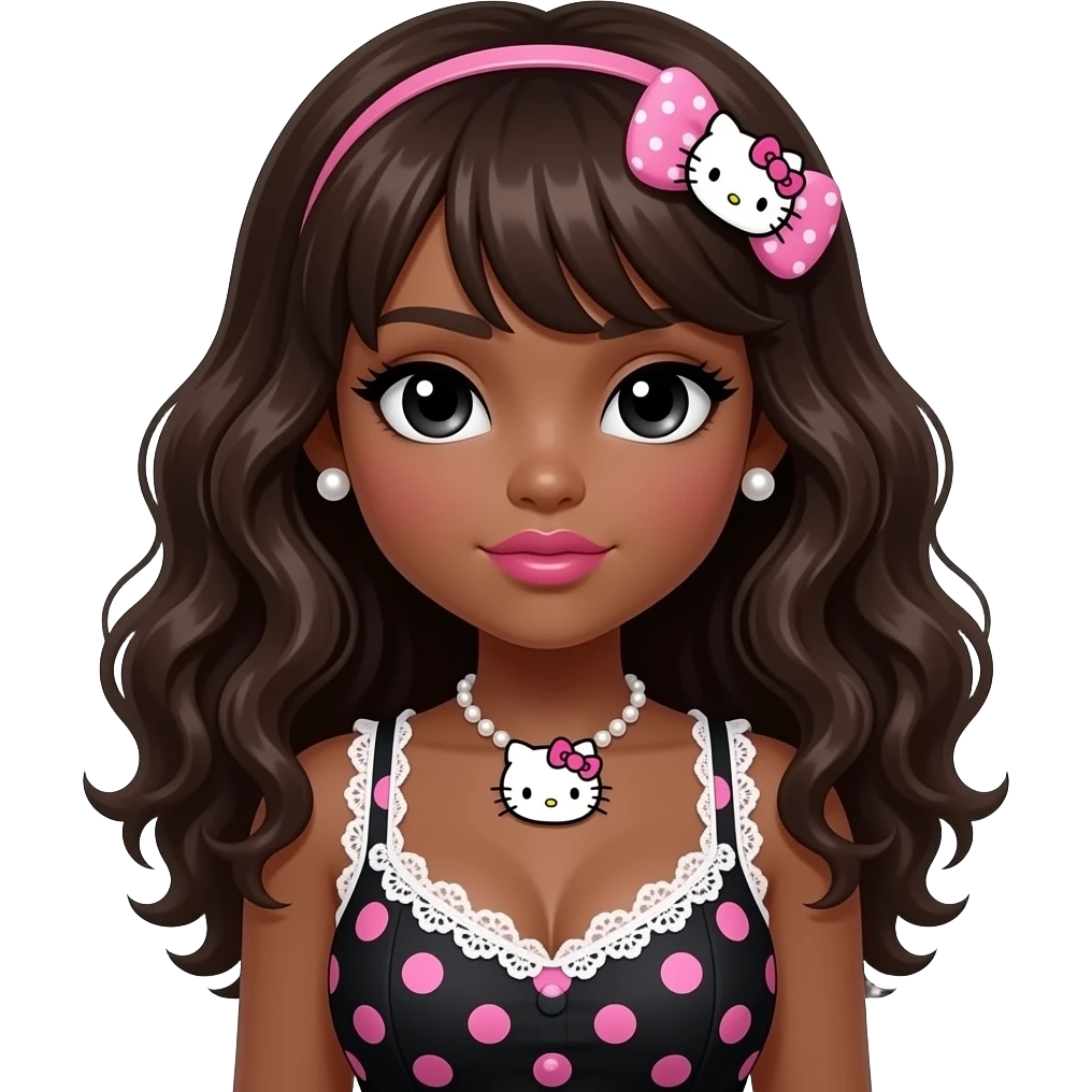 dark brown eyebrows, pearl earring studs, black girl, pink lips, my melody hairclip, dark brown skin, Doll faced shaped, hello kitty necklace, bimbo, black doll eyes, Big lips, long curly dark brown hair, with white or black lace pink polka dots with gyaru sleeveless shirt, with big breast emoji