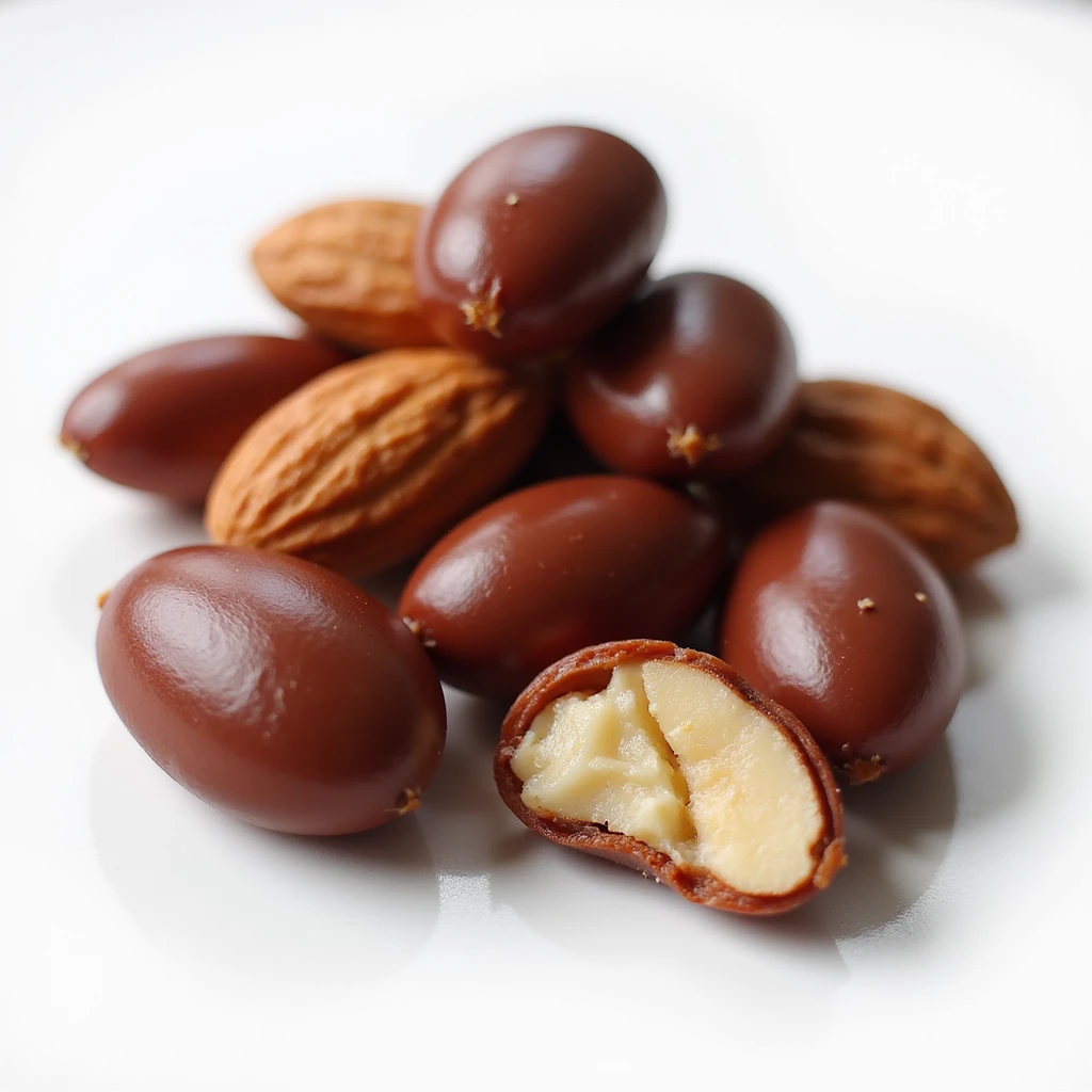 realistic candied almonds, some whole and some split open to show the almond inside, glossy dark red candy coating, no background emoji