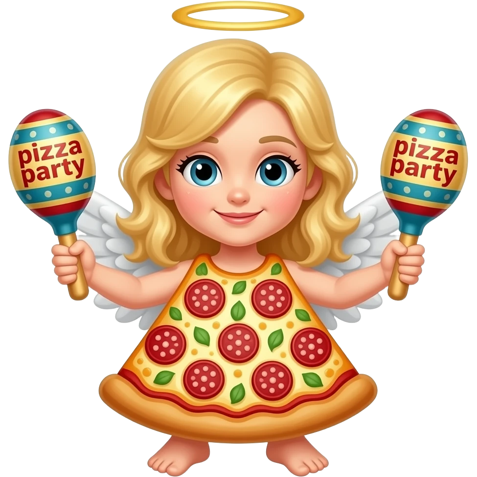 blonde pizza angel with maracas that say pizza party emoji