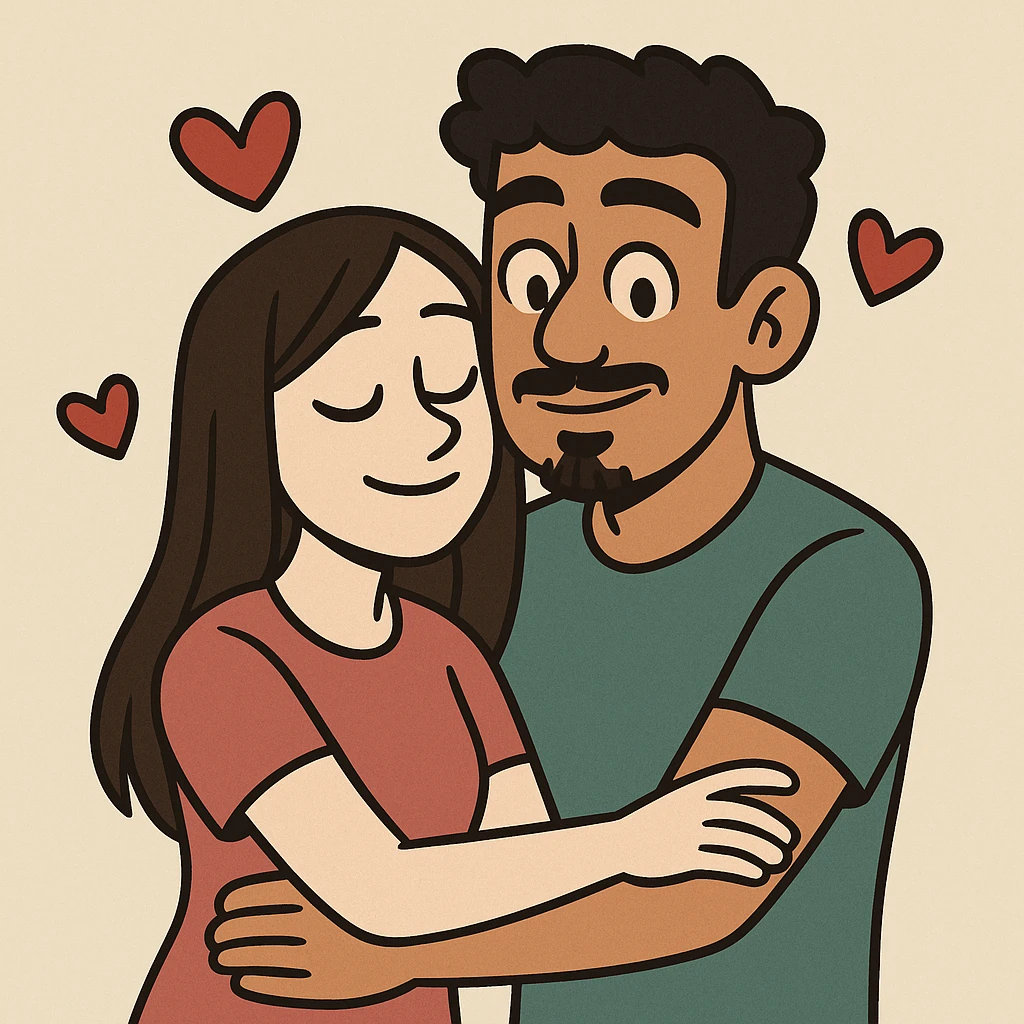 cartoon couple, girl pale with long straight dark brown hair no facial hair, boy tan with short black curly hair, small goatee and separate mustache, red hearts floating around emoji
