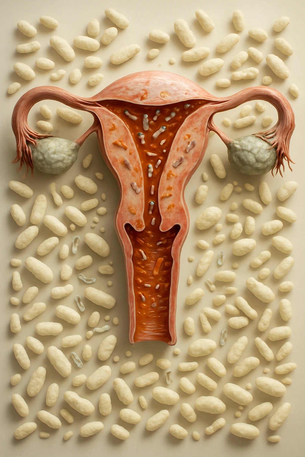 utero umano realistico con batteri della candida intorno, la foto si deve vedere per intero in formato verticale, sullo sfondo neutro chiaro ci sono batteri della candida, iperrealistico 4k emoji