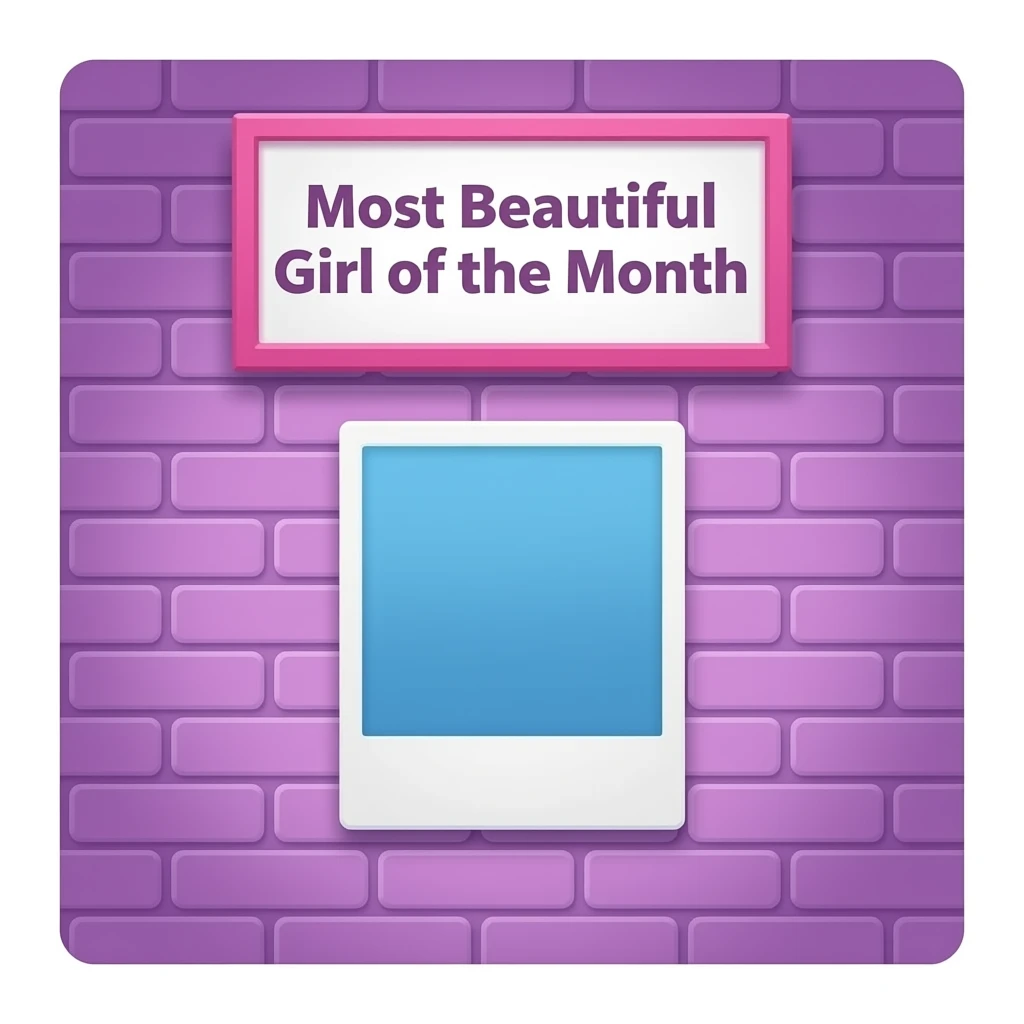 blue and purple without pink colour A stylish brick wall background with a centered photo frame hanging on it, above the frame there is a sign that reads “Most Beautiful Girl of the Month”, soft lighting, subtle shadows on the wall, empty frame for photo inspired by barbie colour pallete emoji
