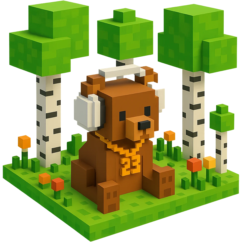 березовый лес, в котором сидит бурый медвежонок в белых наушниках (наушники должны закрывать уши медведя), на медведе цепь с подвеской "23", no background  emoji