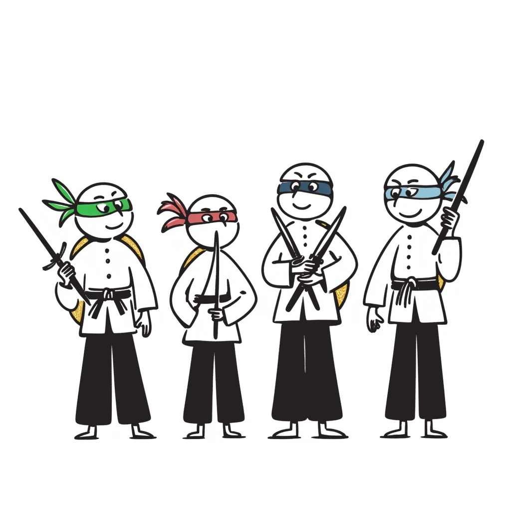 Teenage Mutant Ninja Turtles, hand-drawn doodle style, black outlines, playful and sketchy emoji