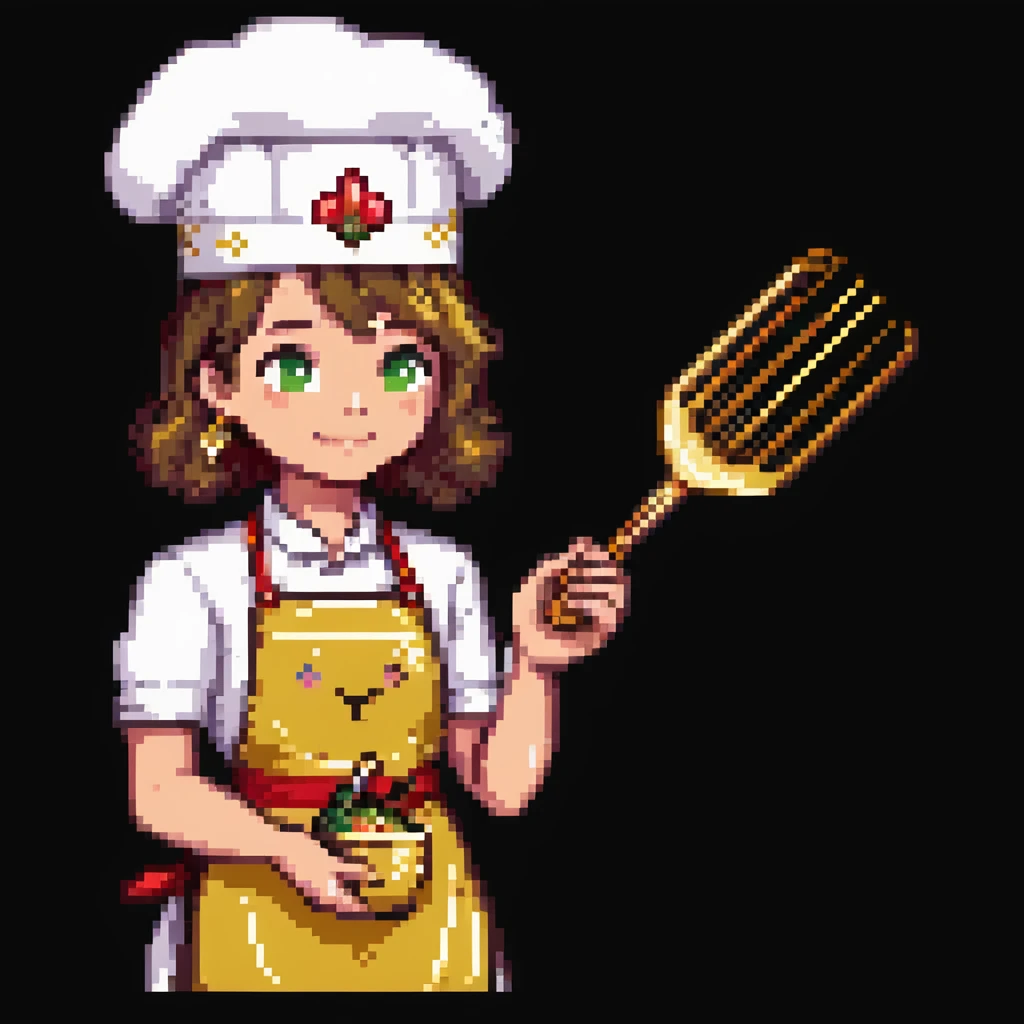 Portrait of a proud baker with a golden apron and embroidered details, holding a polished whisk, skeuomorphism style emoji