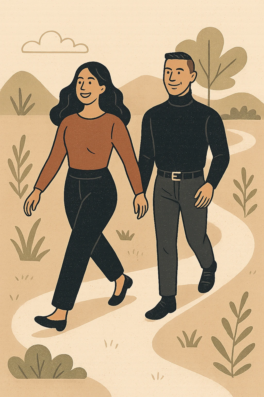 a man and a woman walk together along a winding path in a natural landscape. In one version, the woman leads confidently while the man follows a few steps behind, looking at lei con ammirazione. In un’altra versione, i ruoli sono invertiti, con l’uomo che guida e la donna che lo segue sorridendo. La scena trasmette l’idea che entrambi possano guidare o seguire, a seconda del momento. emoji