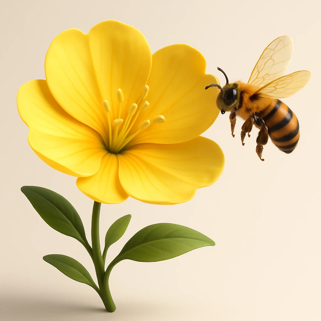 Add maximum volume to the evening primrose flower and the bee, making both very three-dimensional with expressive light and shadow and depth, in a modern 3D iOS style with a clean background. emoji