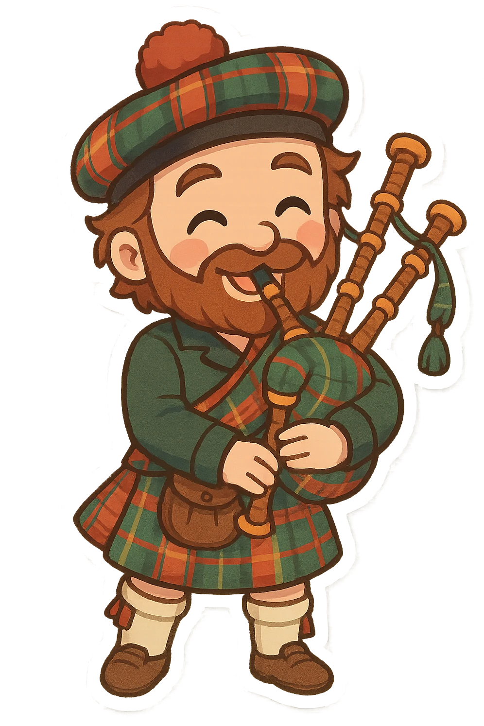 Scottish man playing bagpipes, traditional tartan kilt, cheerful expression, detailed, full body, vibrant colors, no background emoji