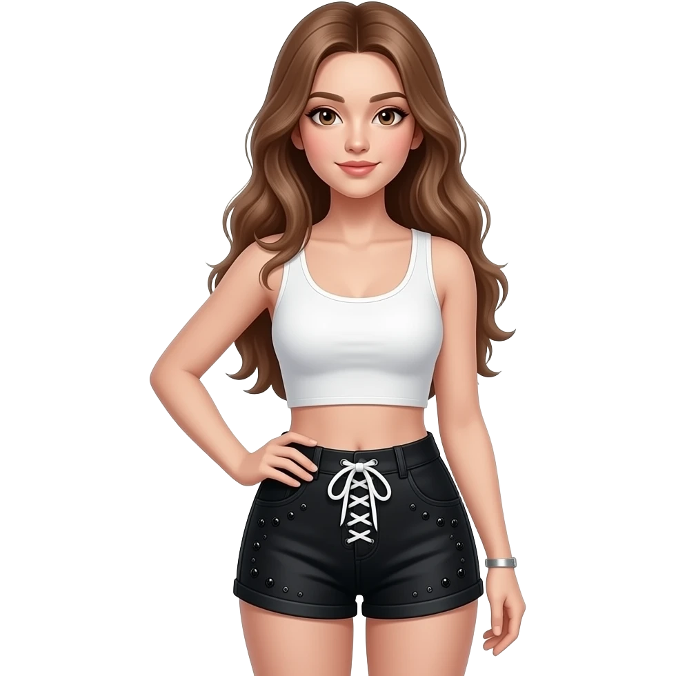 une fille cheveux chatin claire peau blanche yeux marron avec un haut blanche crot top est un bas noire avec des choussure blanche avec des petit reyure noirequi fais une pose belle emoji