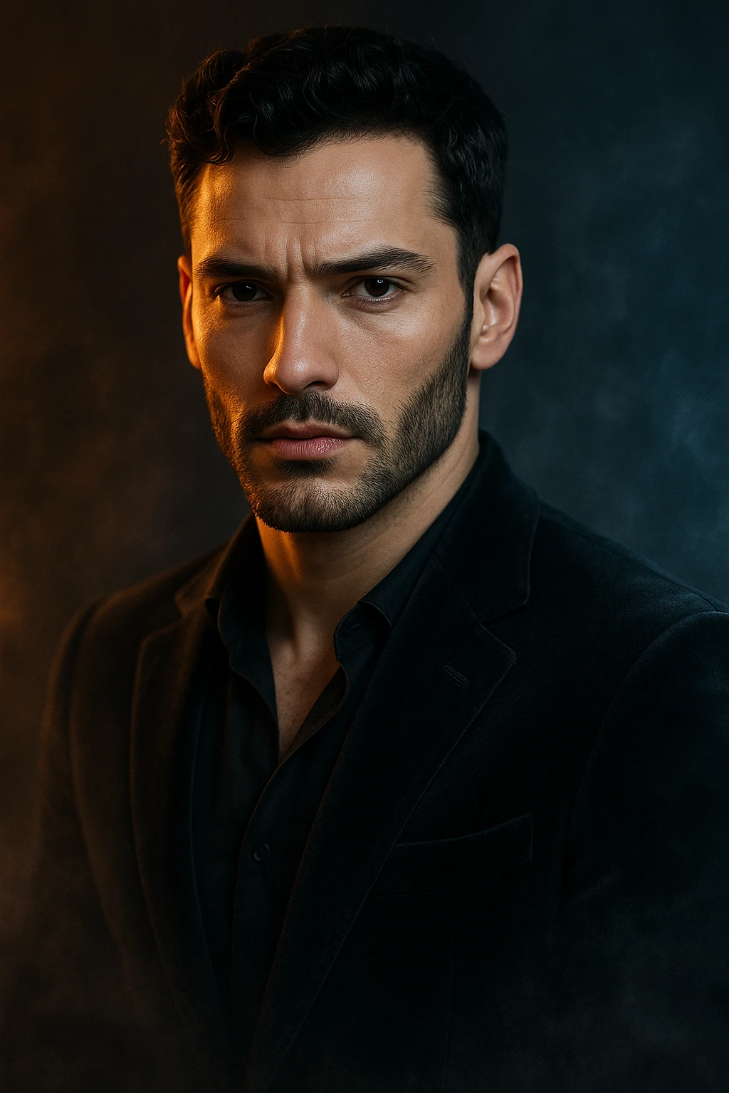 Usa questa immagine come riferimento per creare un ritratto iperrealistico e ravvicinato di un carismatico nodello maschile, ambientato in un contesto editoriale suggestivo. I volto è illuminato da fasci di luce ambrata e blU ghiaccio che contrastano tra loro, esaltando la simmetria marcata della mascella, la sottile barba incolta e uno sguardo penetrante e sicuro. I| modello indossa una giacca sartoriale scura in morbido velluto, leggermente sbottonata sul colletto. Lo sfondo sfuma in un profondo gradiente antracite con una delicata foschia cinematografica e sottili bagliori di luce. Un lieve velo di nebbia avvolge la sua silhouette, accentuando un'atmosfera sofisticata e misteriosa. L'effetto complessivo evoca un'eleganza di alta moda con un tocco moderno e malinconico, ideale per una campagna pubblicitaria di lusso o per la copertina di una prestigiosa rivista. emoji