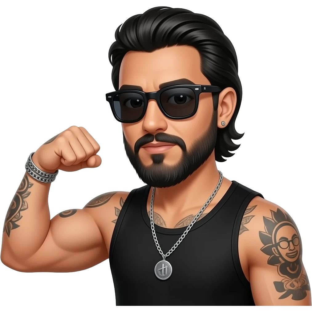 handsome, manly Latino podcast host with black colored eyes wearing black with silver jewelry, with medium length hair, a very long, lightly graying beard and tattoos, his ear pierced and right nostril as well, dark sunglasses. Flexes muscles emoji