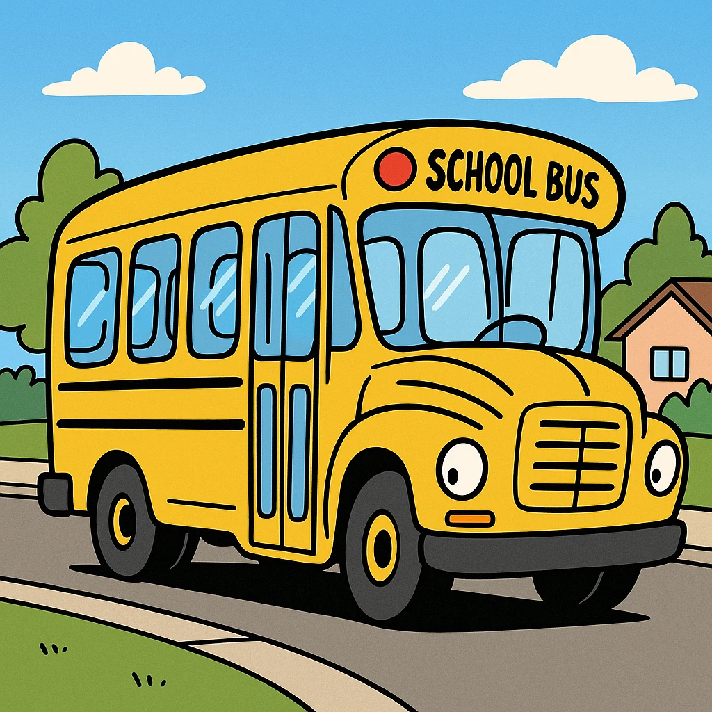 classic yellow school bus, cartoon style, friendly and playful emoji
